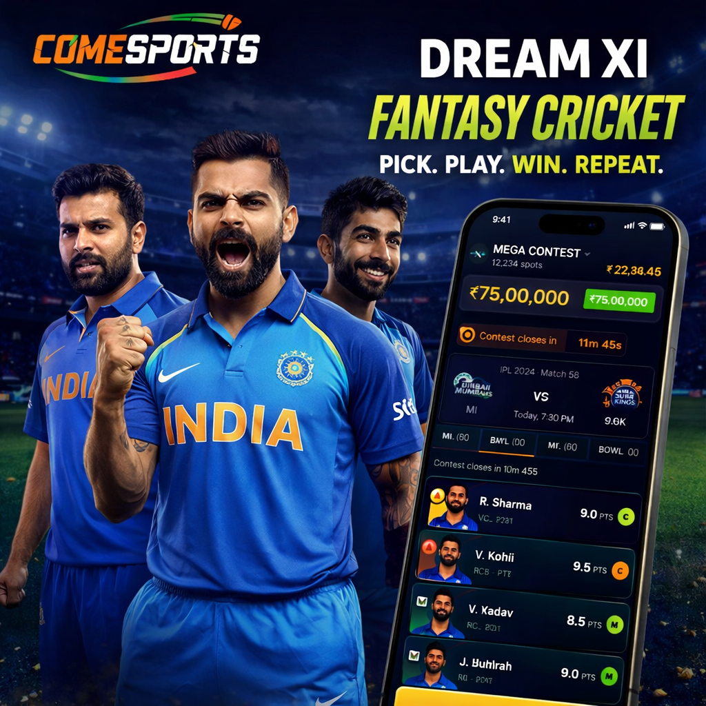 Come 365 App fantasy cricket and India team visual